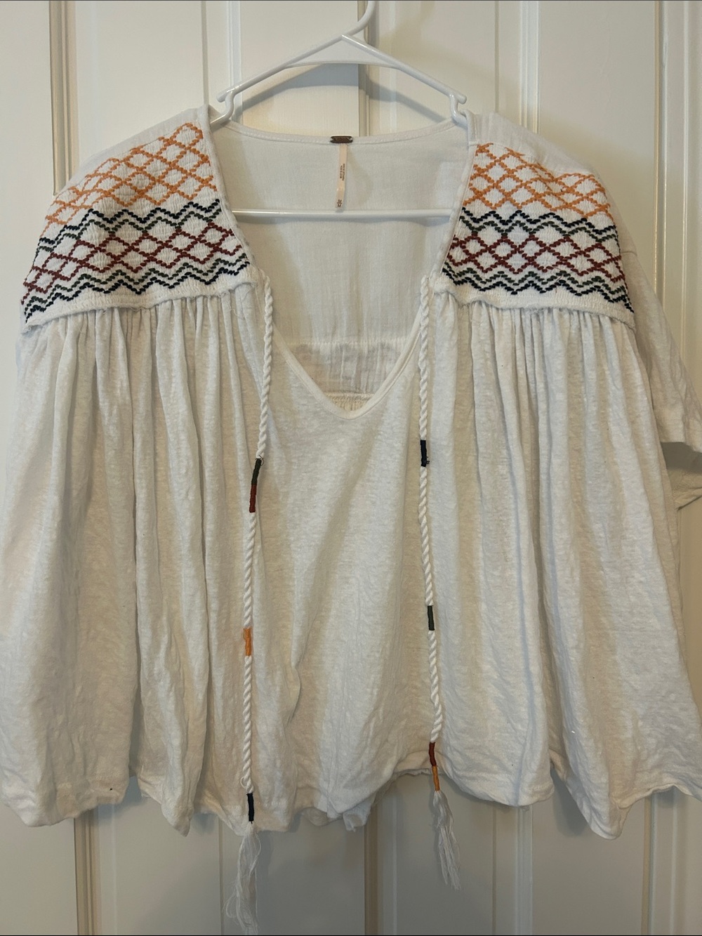 Free People White Embroidered Peasant Tunic with Multicolor Yoke